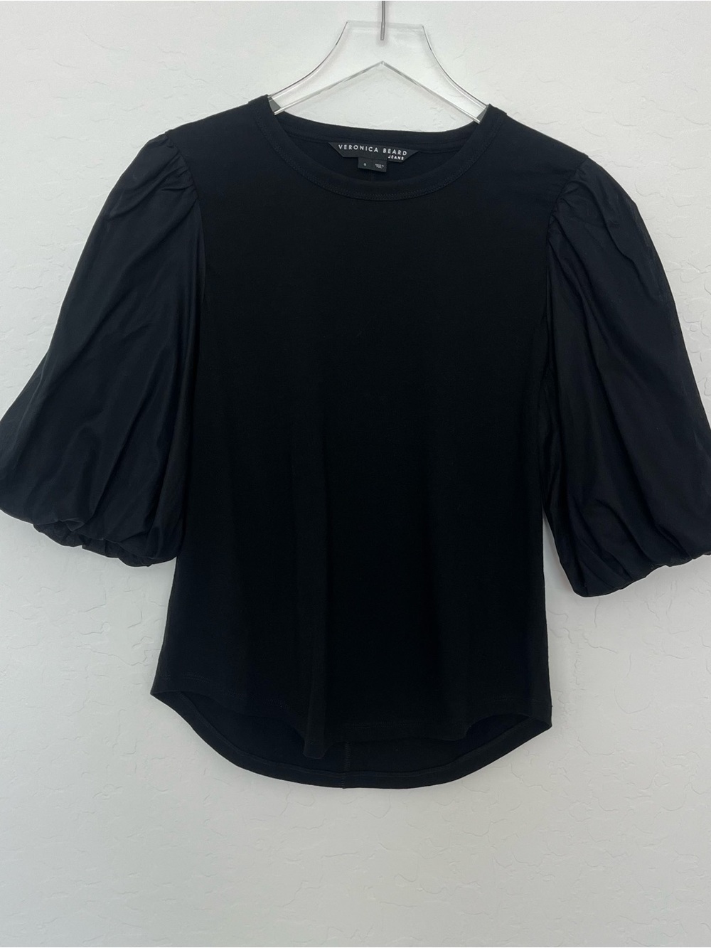Veronica Beard Black Puff-Sleeve Crewneck Top
